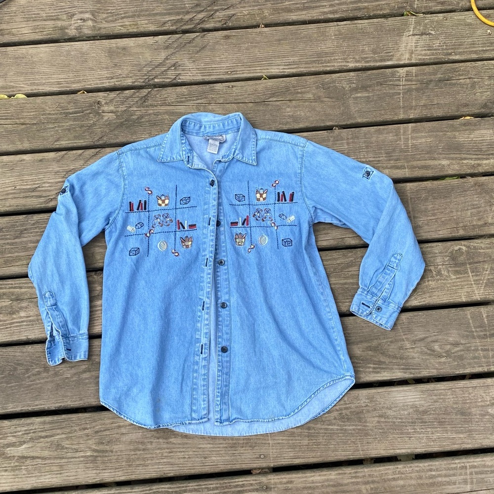 , Jane Ashley vintage Blue denim button-up shirt with embroidered details